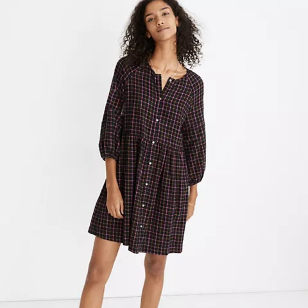 NWT Madewell Plaid Flannel Raglan Button-Front Shirtdress
